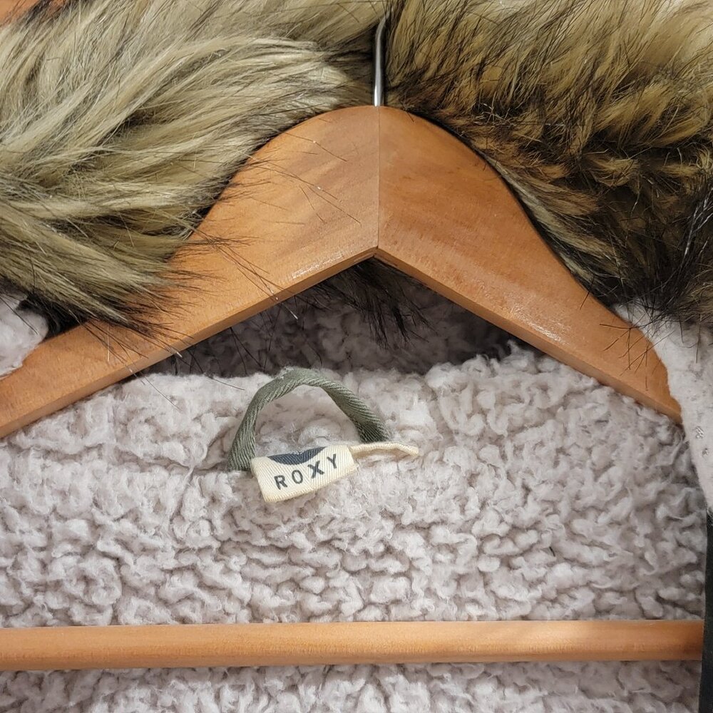 Roxy Bomber Jacket Faux Fur Trim Hood - Army Green XL - Picture 6 of 9